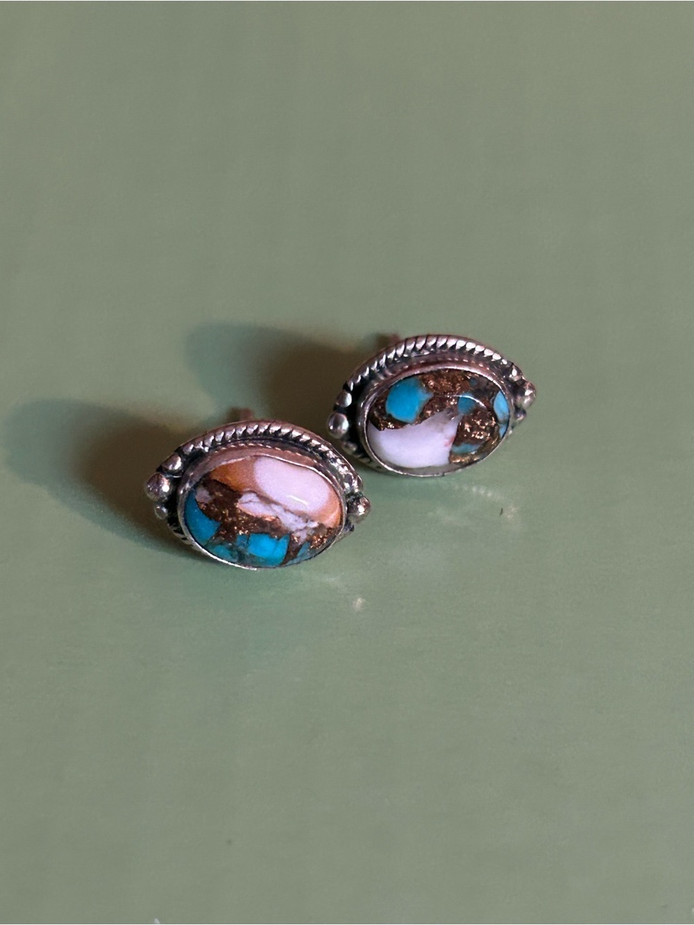Turquoise Inlay Oval Silver Stud Earrings - Multicolor